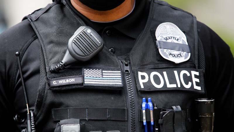 A Seattle police officer wears a 