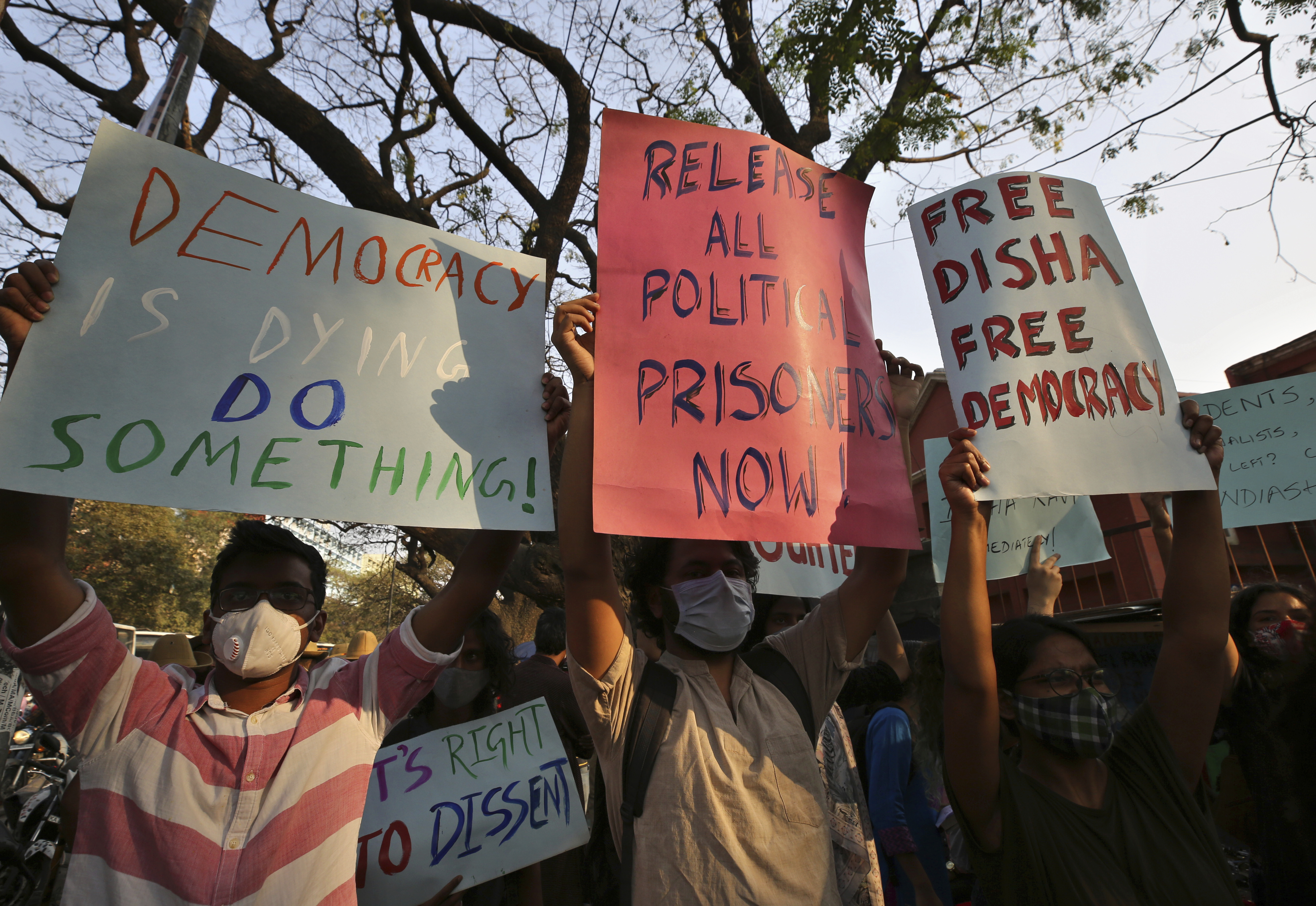 Protesters demand the release of Indian climate activist Disha Ravi
