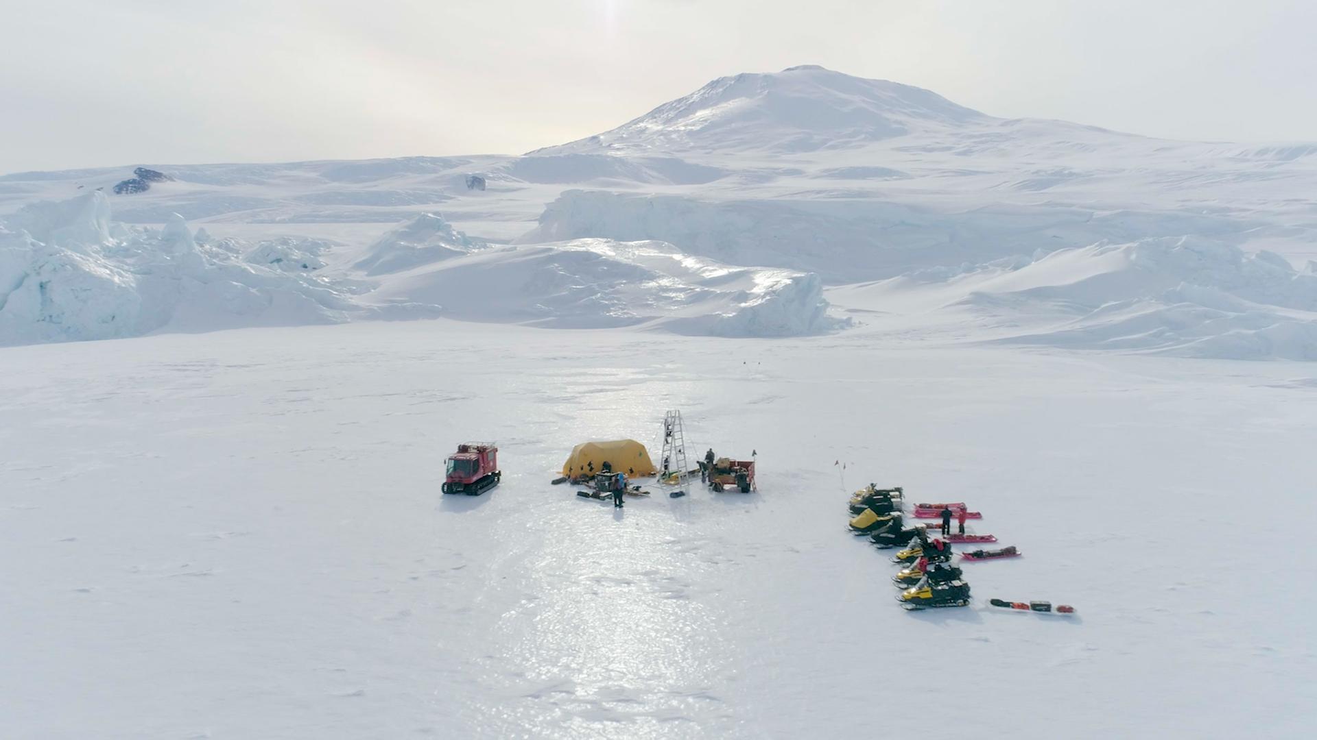 A tent stands on Antarctica’s sea ice.