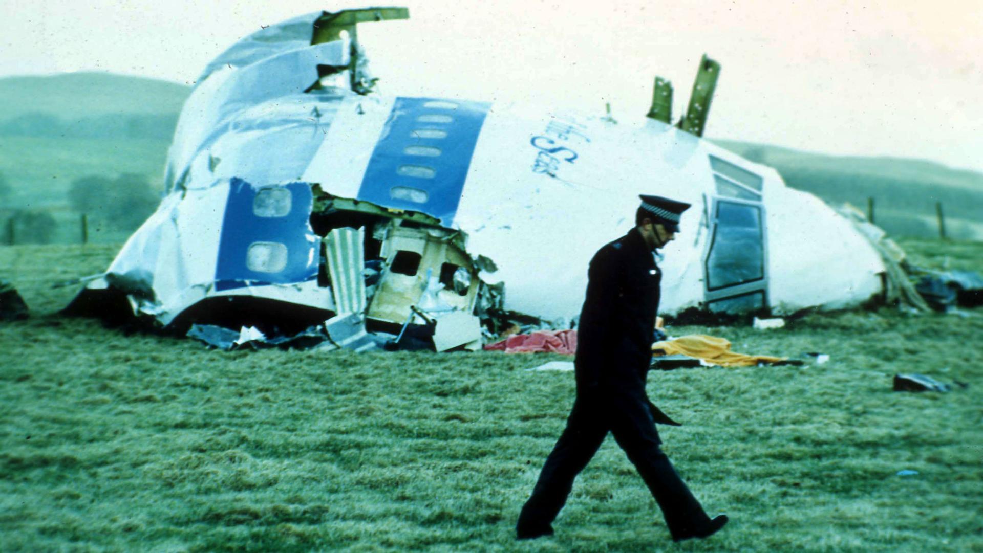 A police officer is shown walking on a grassy meadow with the wreckage of a large white aircraft in the background.