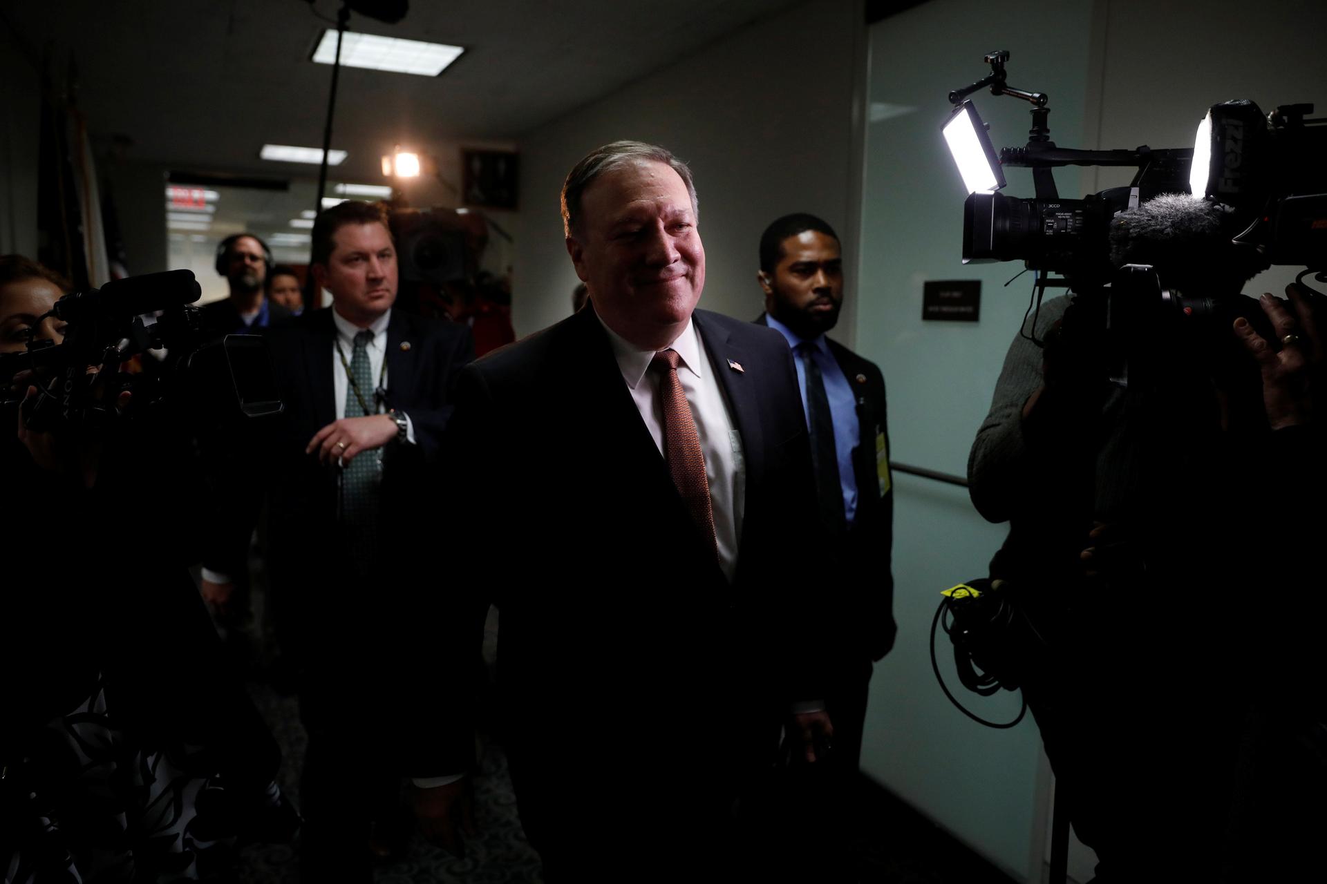 CIA Director Mike Pompeo, President Donald Trump's nominee to be Secretary of State, on Capitol Hill in Washington.