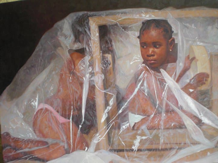 Girls playing in plastic and portrait frames.