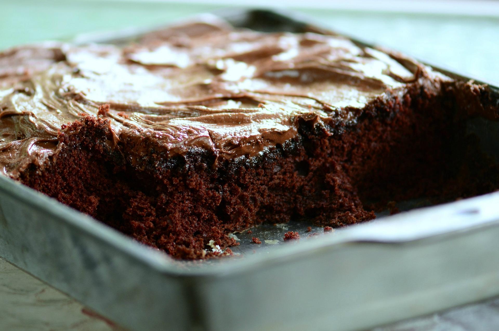 Moist chocolate cake in a baking pan