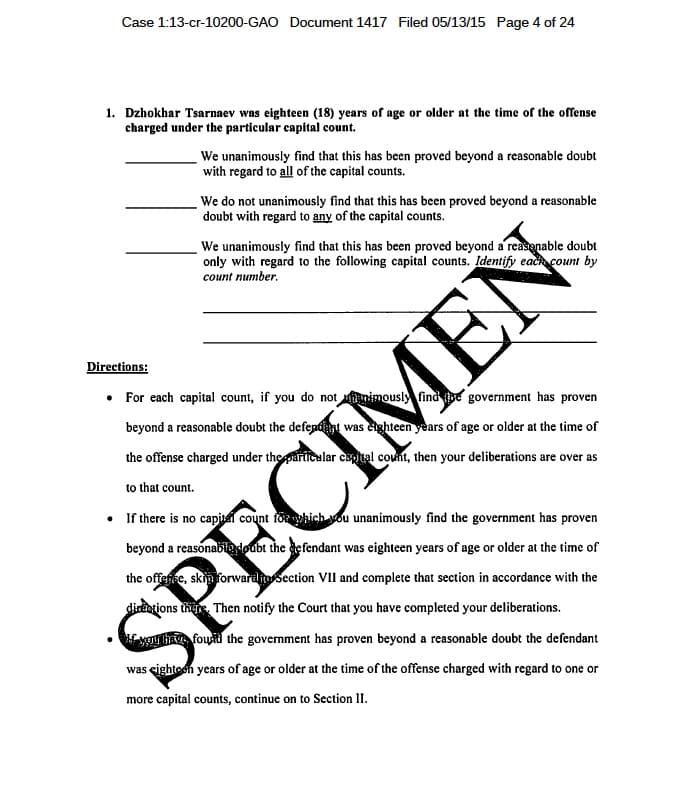 A blank penalty phase verdict for Dzhokhar Tsarnaev.
