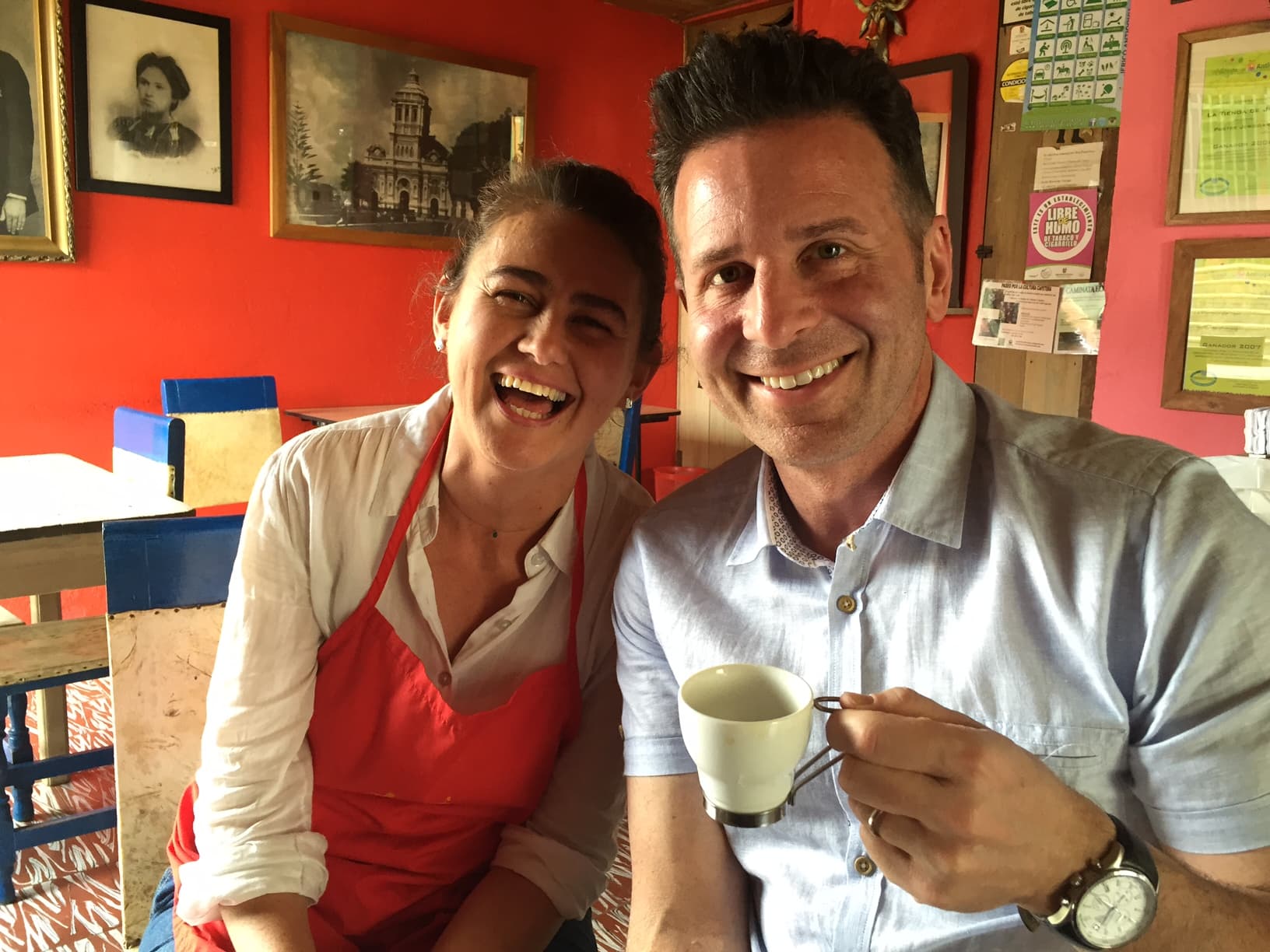 Steve Dolinsky (right) with Nancy Garces, whose family is one of four still making the famous Postre Jericoano