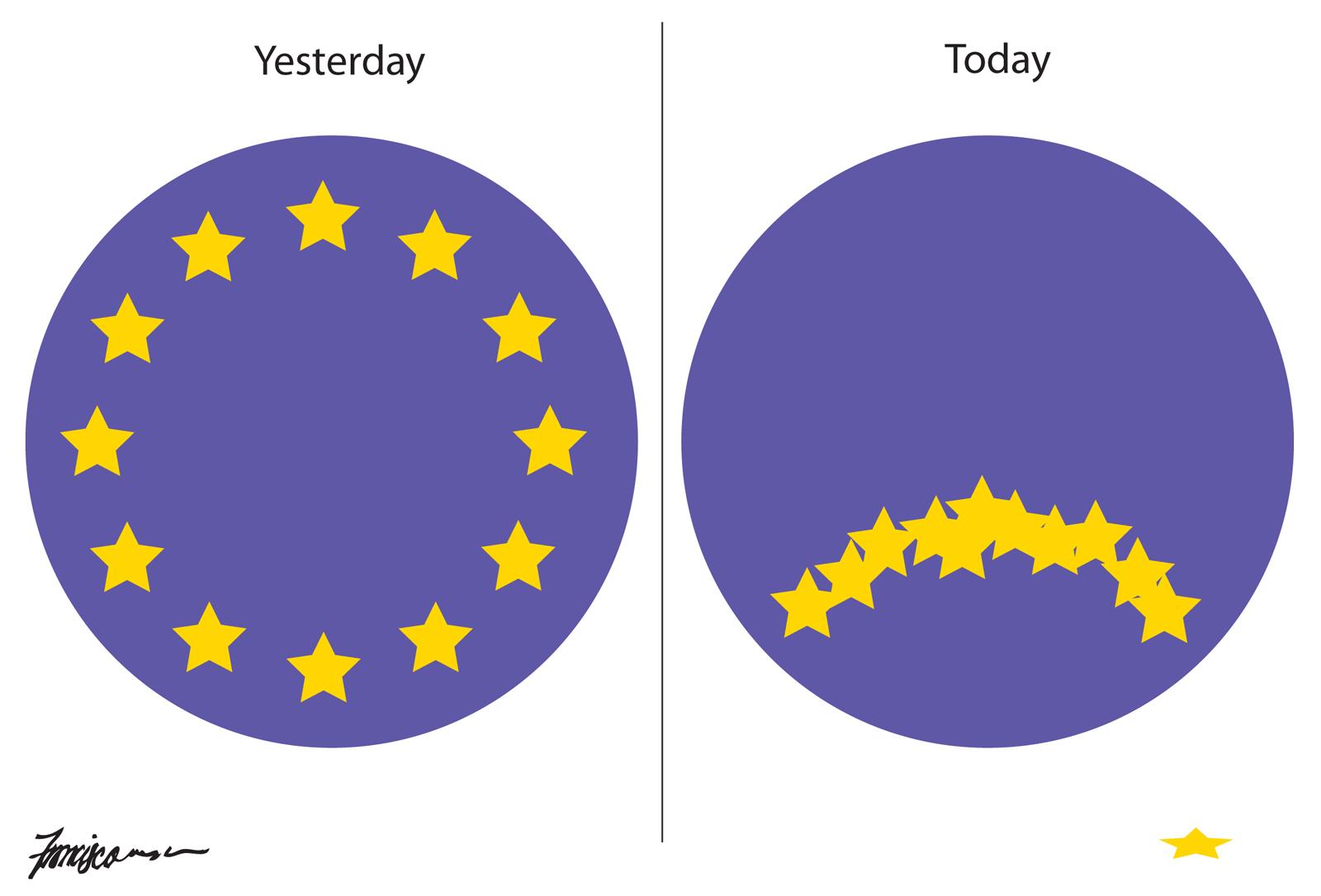 The circle of stars on the European Union's flag turn into a frowny face after Brexit vote