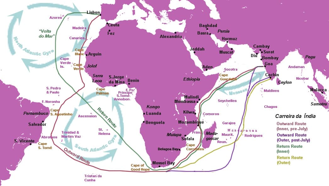 Map showing the various outward and return legs of the Portuguese 'Carreira da India' ('India Run') in the 16th Century, pioneered by Vasco Da Gama.