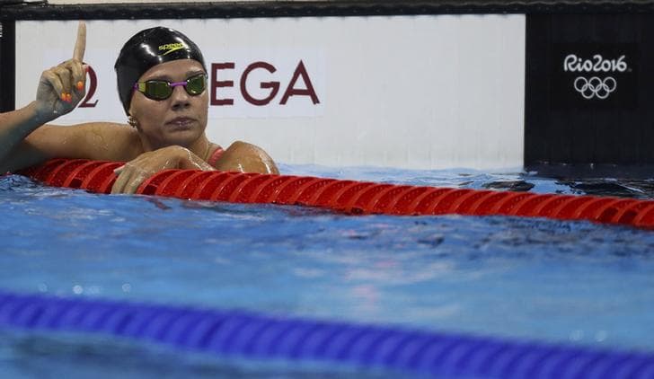 2016 Rio Olympics - Swimming - Semifinal - Women's 100m Breaststroke Semifinals - Olympic Aquatics Stadium - Rio de Janeiro, Brazil - 07/08/2016. Yulia Efimova (RUS) of Russia reacts.