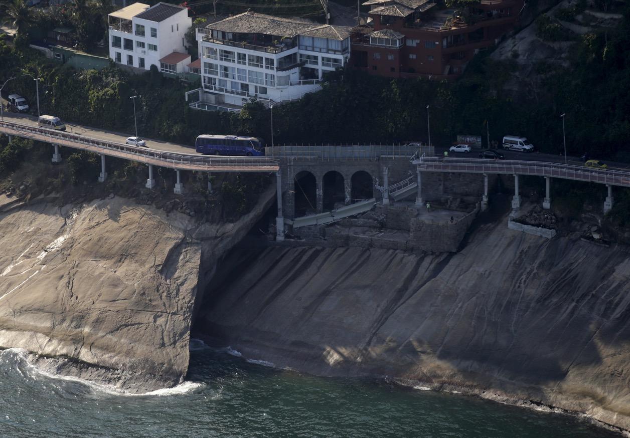 The collapsed area of the new cycle lane in Rio de Janeiro, Brazil, on April 25.