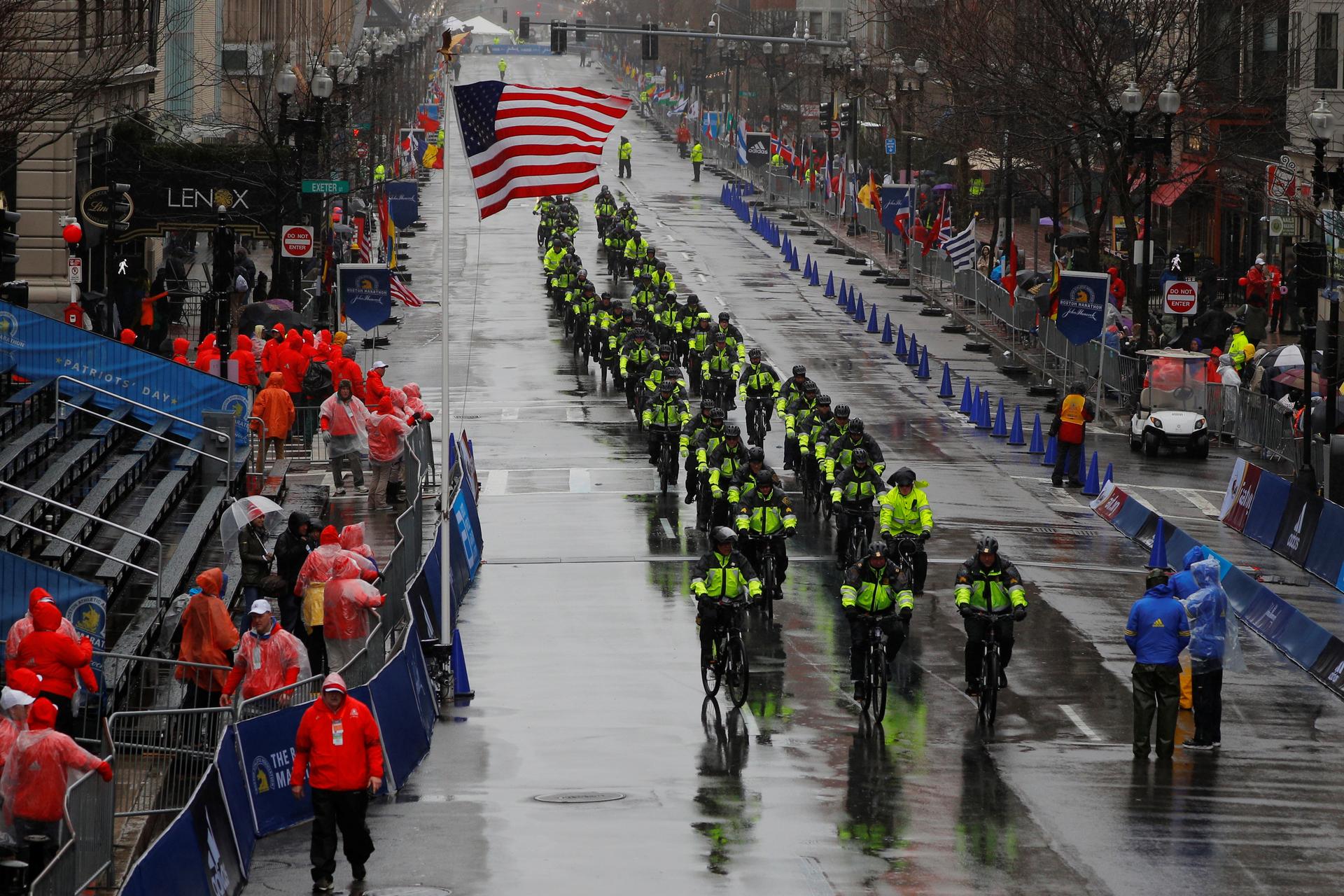 Boston Police arrive at the finish line for the 122nd Boston Marathon in Boston, Massachusetts, US, April 16, 2018. Brian Snyder/Reuters