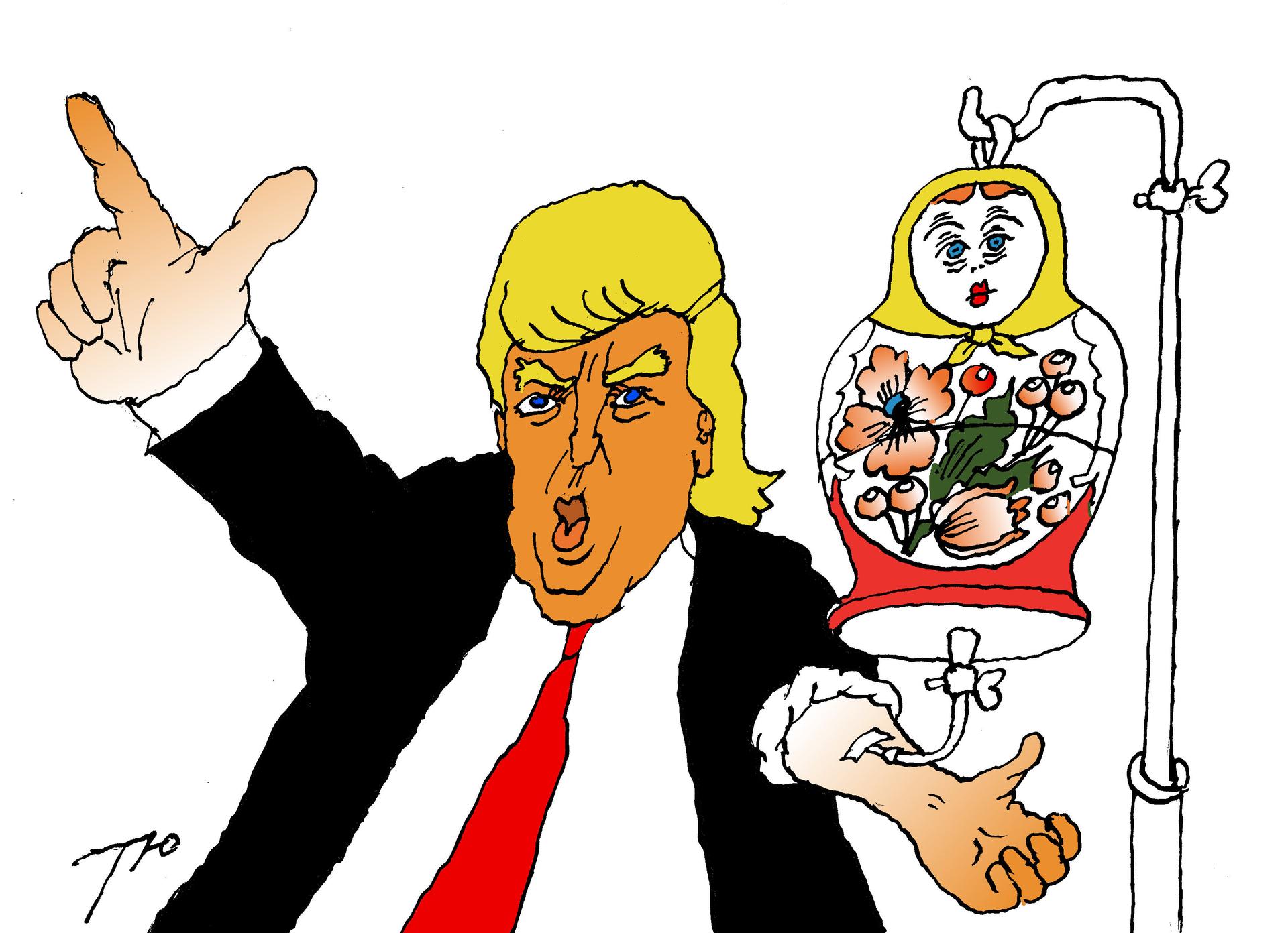 Cartoon of Trump hooked up to an IV which is connected to a Russian nest doll