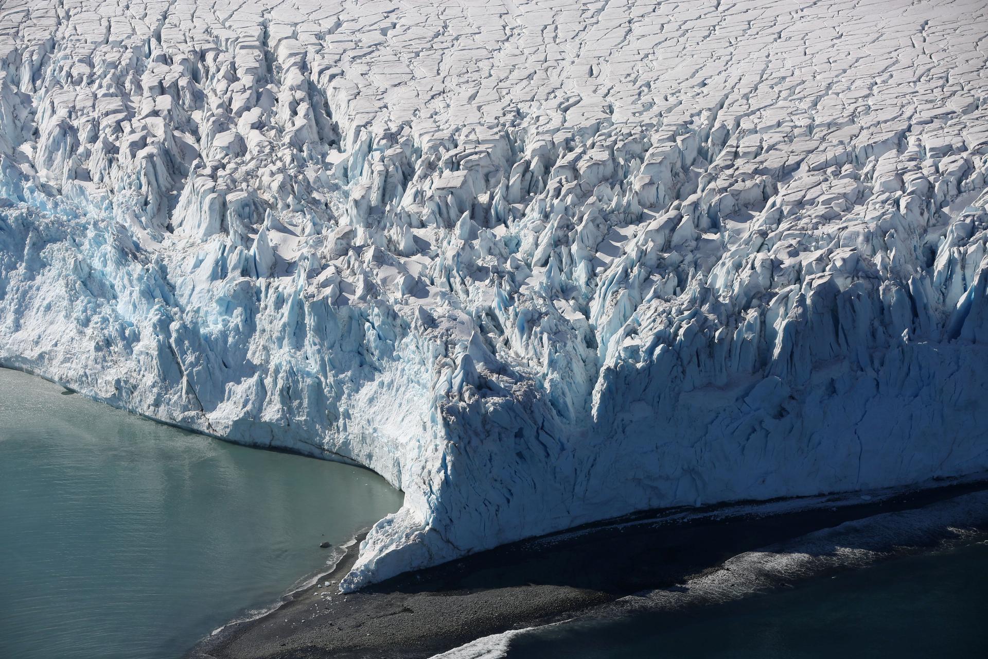 A glacier is seen from overhead in Half Moon Bay, Antarctica.