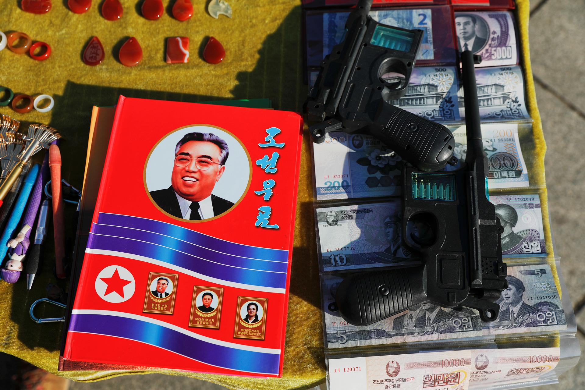 North Korean souvenirs are displayed for sale on the banks of the Yalu River in Dandong in Liaoning province, China.