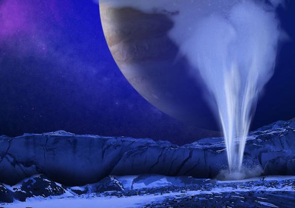 This is an artist's concept of a plume of water vapor thought to be ejected off the frigid, icy surface of the Jovian moon Europa.