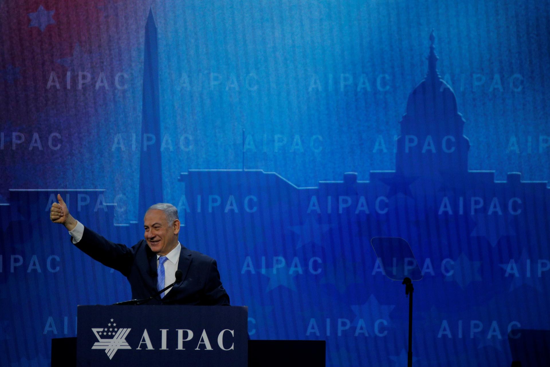 Israeli Prime Minister Benjamin Netanyahu takes the stage to speak at the AIPAC policy conference in Washington, DC, U.S., March 6, 2018.