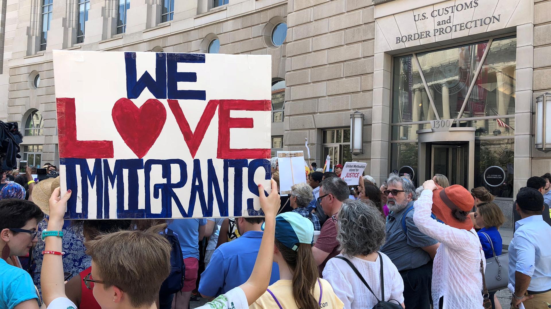 Women of faith gather outside the US Customs and Border Protection headquarters to call on the Trump administration to halt its policy of detaining immigrant children separated from their parents at the US-Mexico border, during a demonstration in Washingt