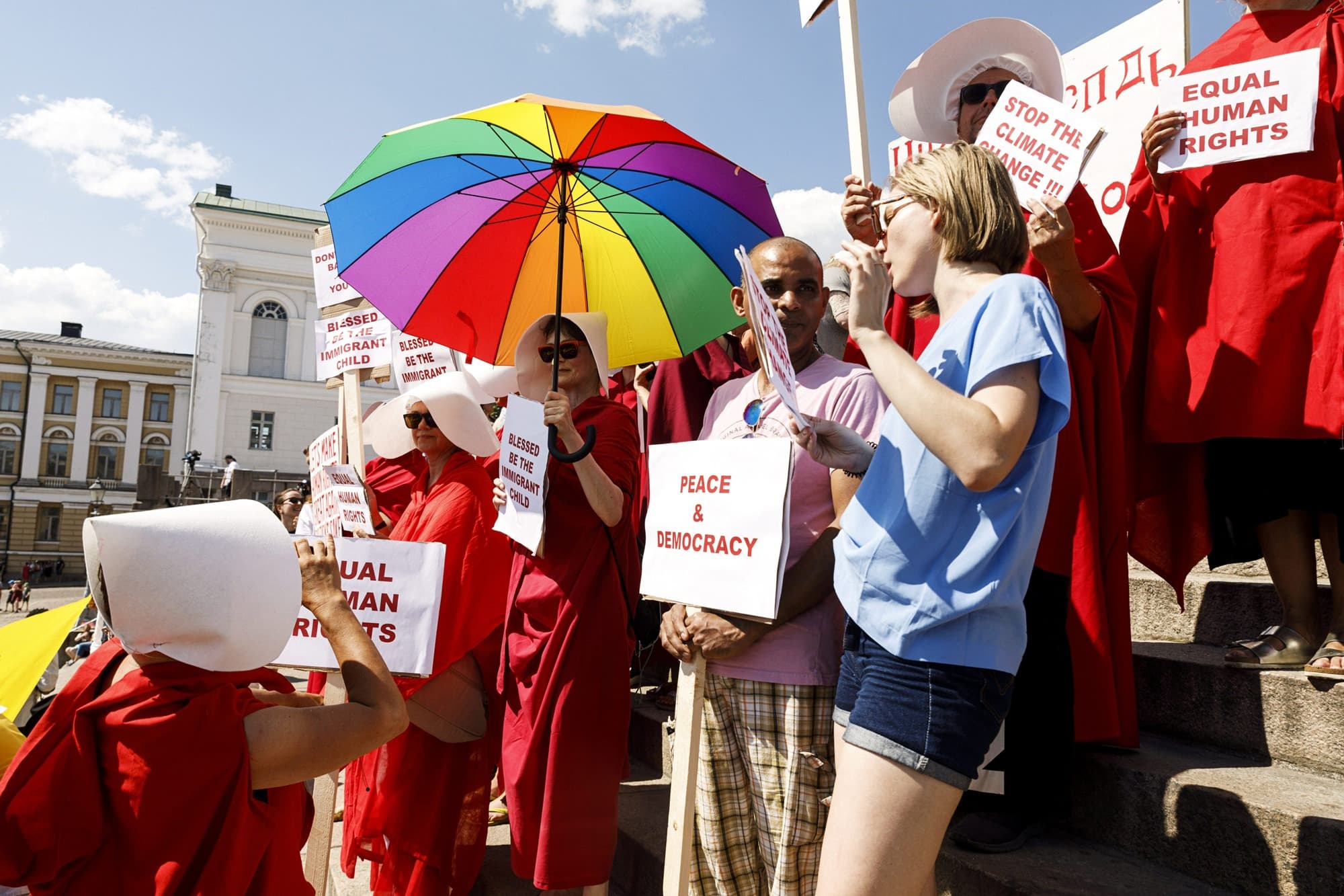 Demonstrators gather in Helsinki before the Helsinki Summit, a meeting between President Donald Trump and Russian President Vladimir Putin, in July 2018.