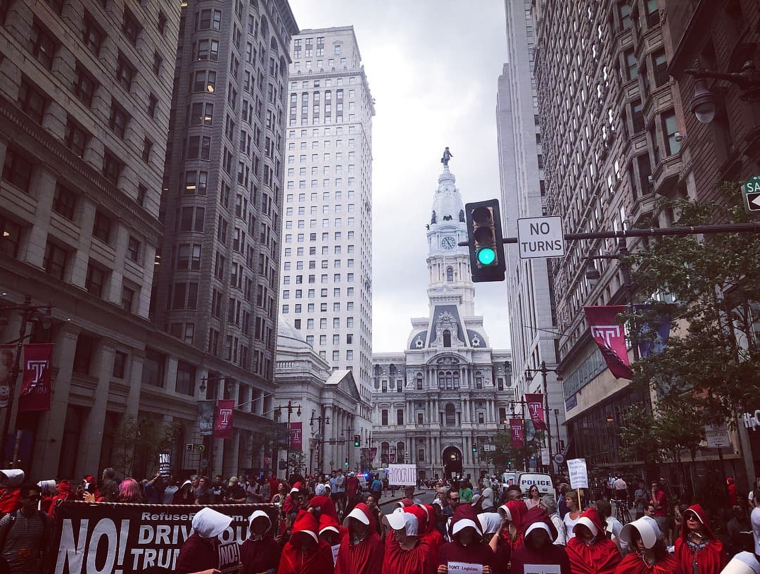 Women join a protest against Vice President Mike Pence in Philadelphia, Pennsylvania, July 2018. Pence was in the city to attend a fundraiser for Republican congressman and US Senate candidate Lou Barletta.