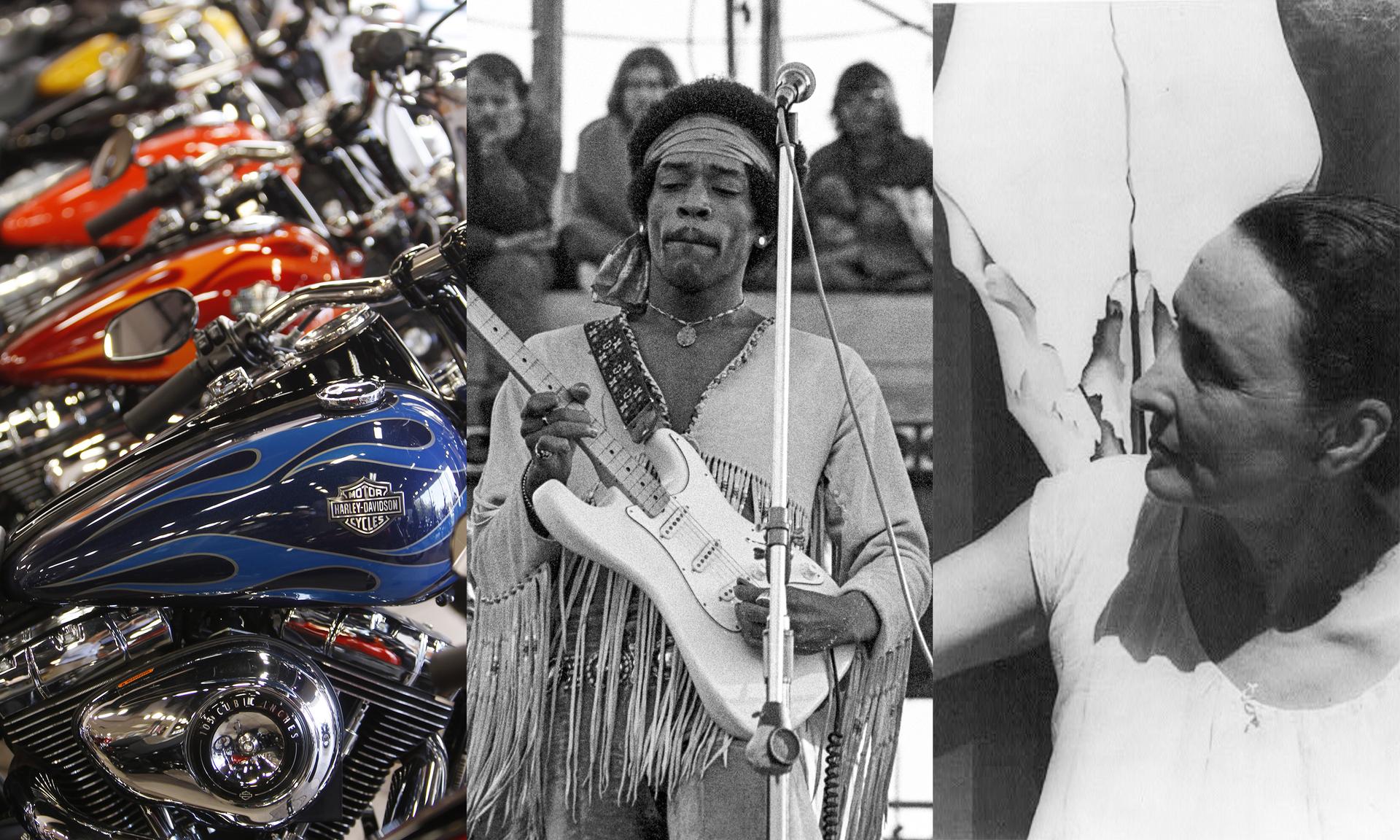 Harley-Davidson motorcycles lineup, Jimi Hendrix plays Woodstock and Georgia O’Keeffe stands in front of one of her skull paintings.