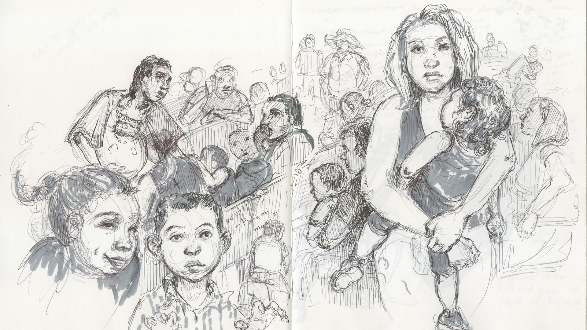 An pen and ink illustration shows a chaotic scene of women holding children in a crowded area
