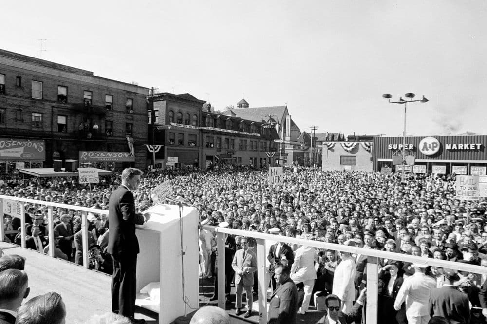 President John F. Kennedy delivers remarks to a congressional campaign rally in Monessen, Pennsylvania, October 13, 1962.