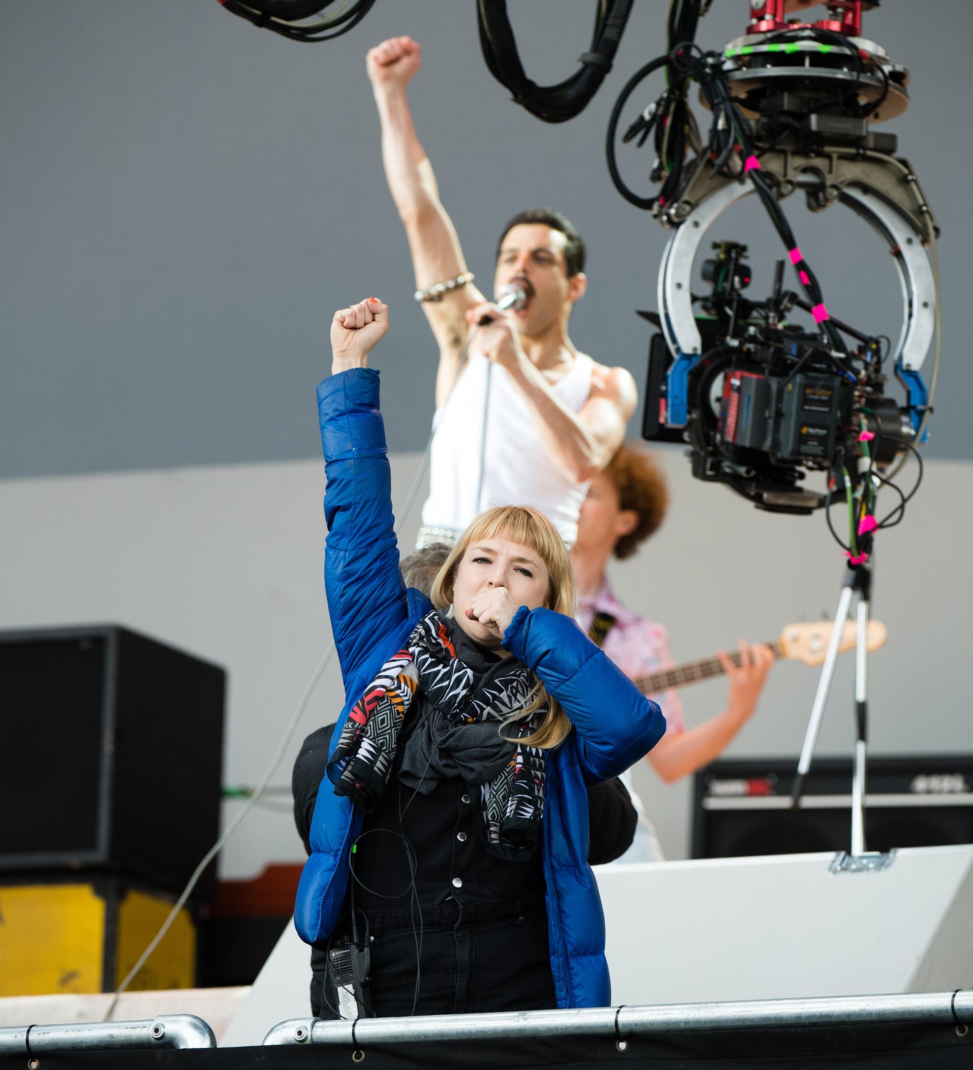 Movement director Polly Bennett guides Rami Malek during filming for “Bohemian Rhapsody.”