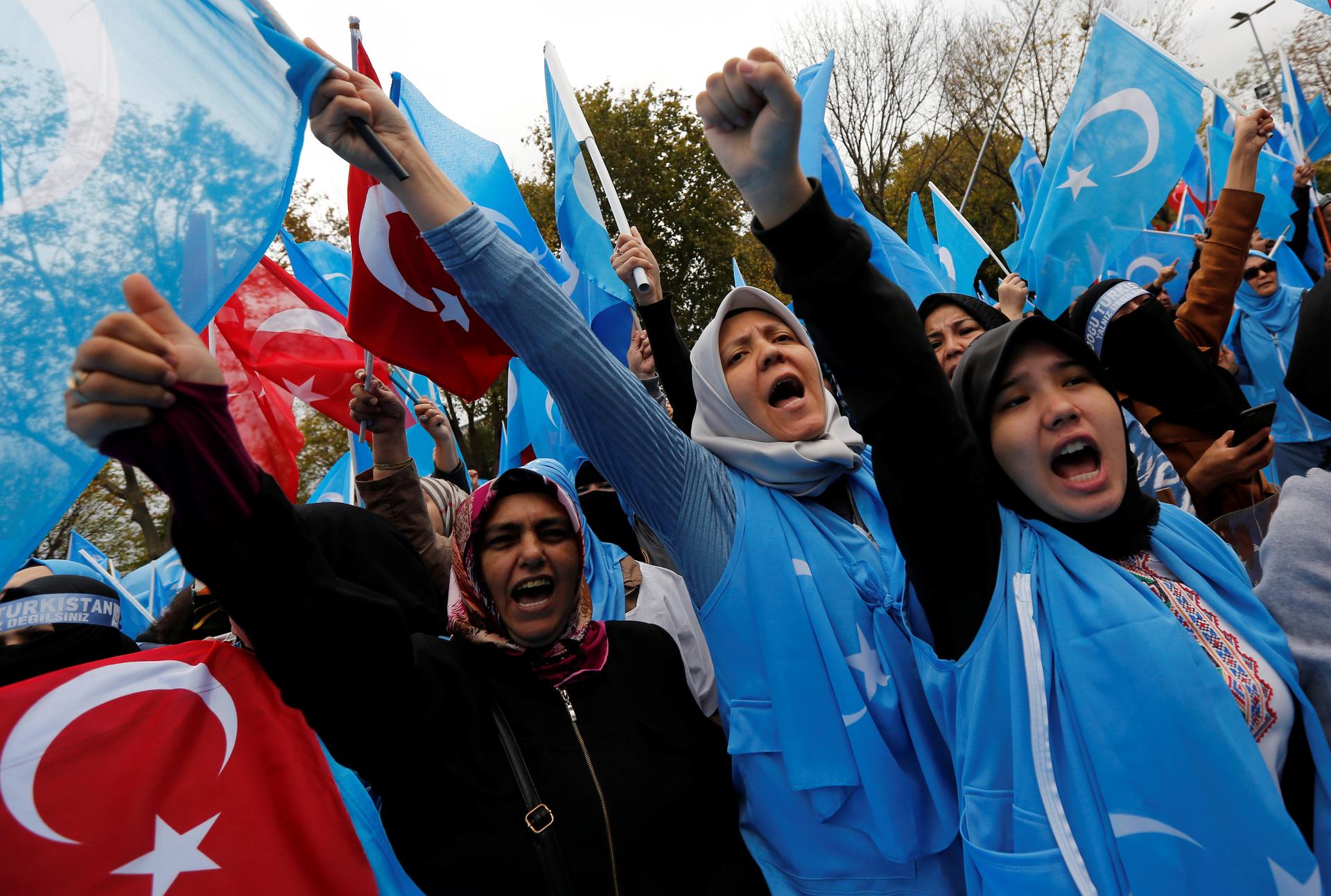 Demonstrators wave Turkish and East Turkestan flags as they shout slogans during a protest against China, in Istanbul, Turkey November 6, 2018.