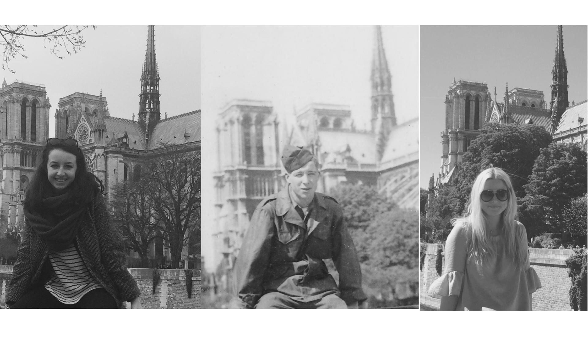 Three people smile in identical photos, part of a family tradition to recreate a WWII-era photo in front of Notre-Dame cathedral