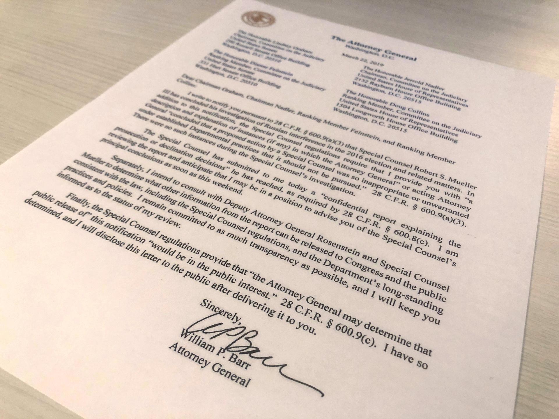 A photo of the document written by Attorney General Barr about the submission of the Special Counsel's report.