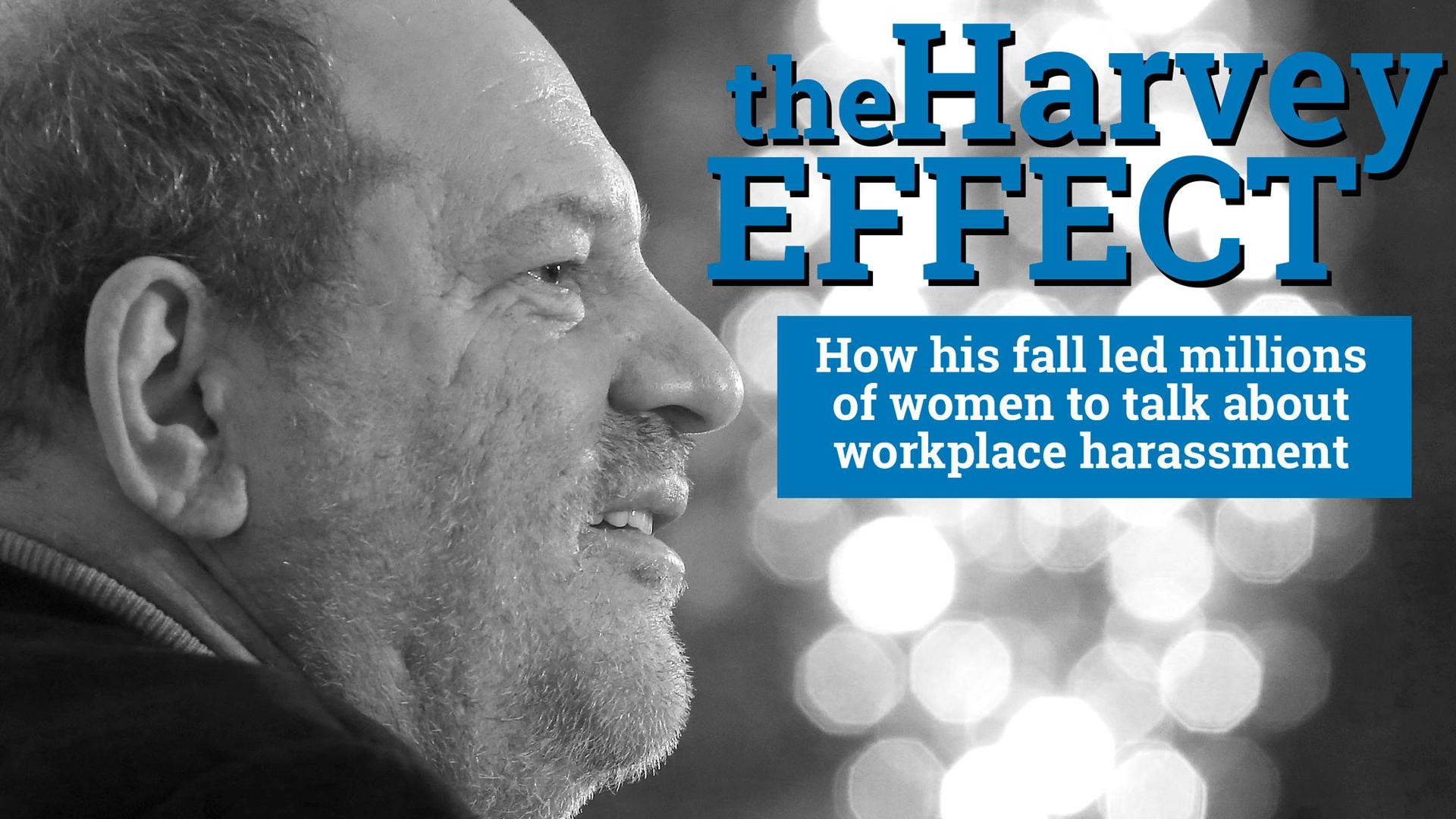 This is a black and white image of a profile of Harvey Weinstein from 2012. In the space next to his face, text says "The Harvey Effect: How his fall led millions of women to talk about workplace harassment."