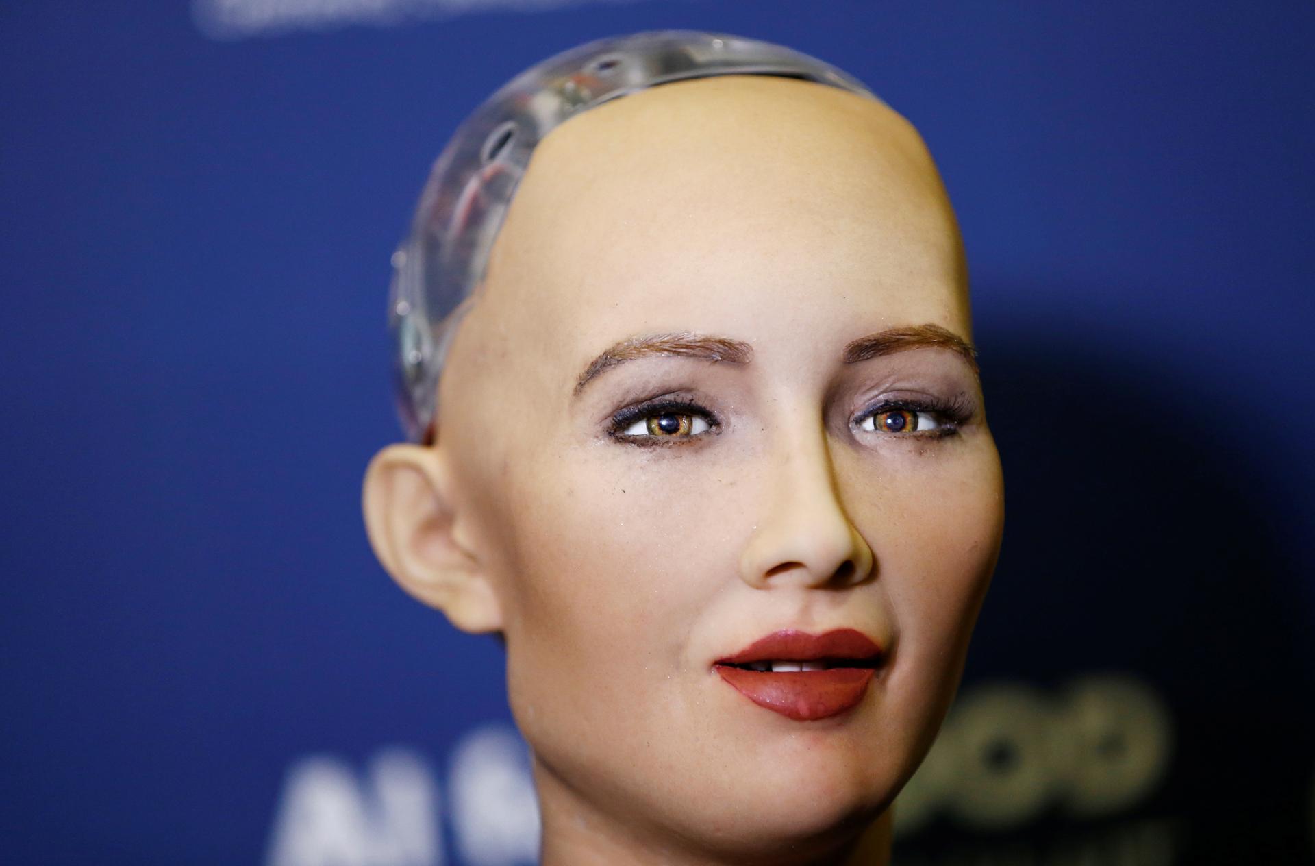 Sophia, a robot integrating the latest technologies and artificial intelligence developed by Hanson Robotics is pictured during a presentation at the "AI for Good" Global Summit at the International Telecommunication Union (ITU) in Geneva, Switzerland Jun