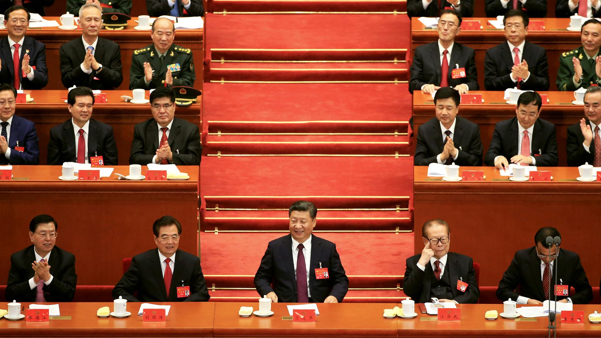Chinese President Xi Jinping (center) at the opening of the 19th National Congress of the Communist Party of China at the Great Hall of the People in Beijing.