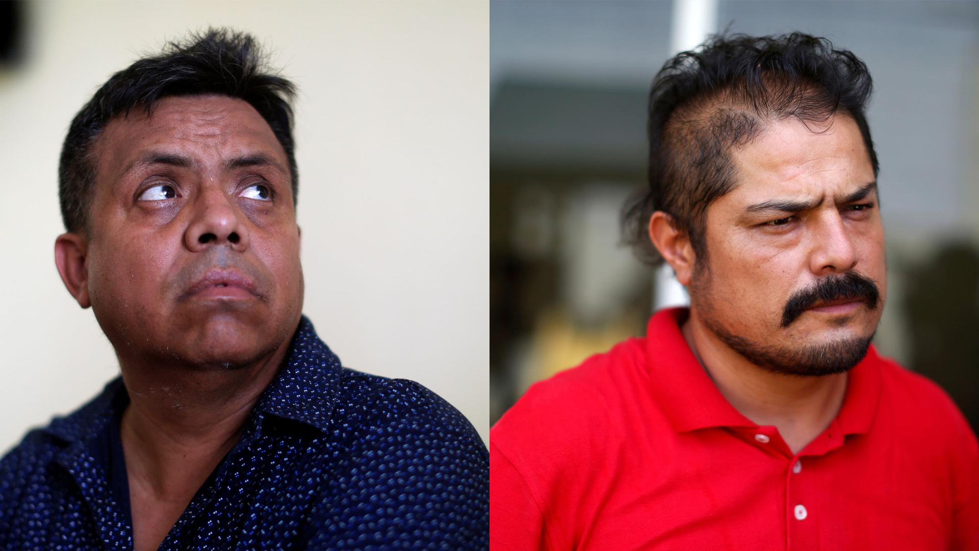 Close-up photos of Irineo Mujica, left, and Cristobal Sanchez at news conferences after their release in Tapachula, Mexico.
