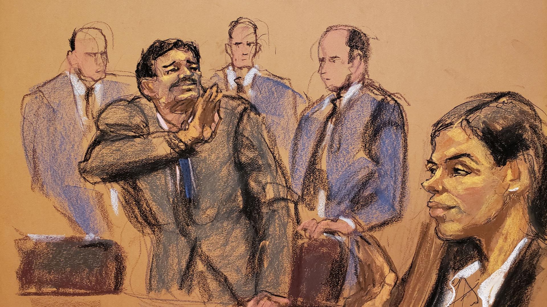 A court room sketch featuring a man turning to his left and waving toward a woman in the bottom right corner.