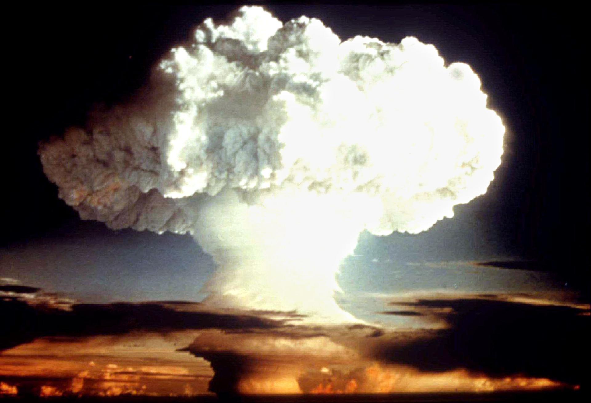 A mushroom cloud from a nuclear bomb.