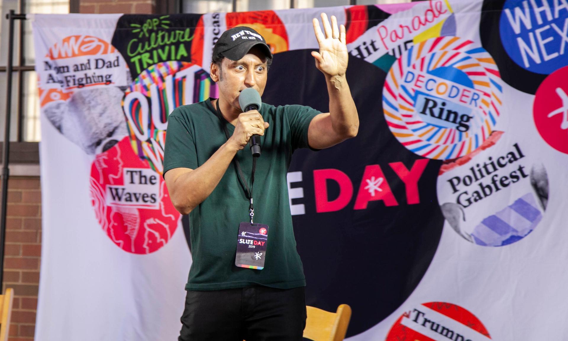 Aasif Mandvi performs stand-up during the Studio 360 live show on June 8.