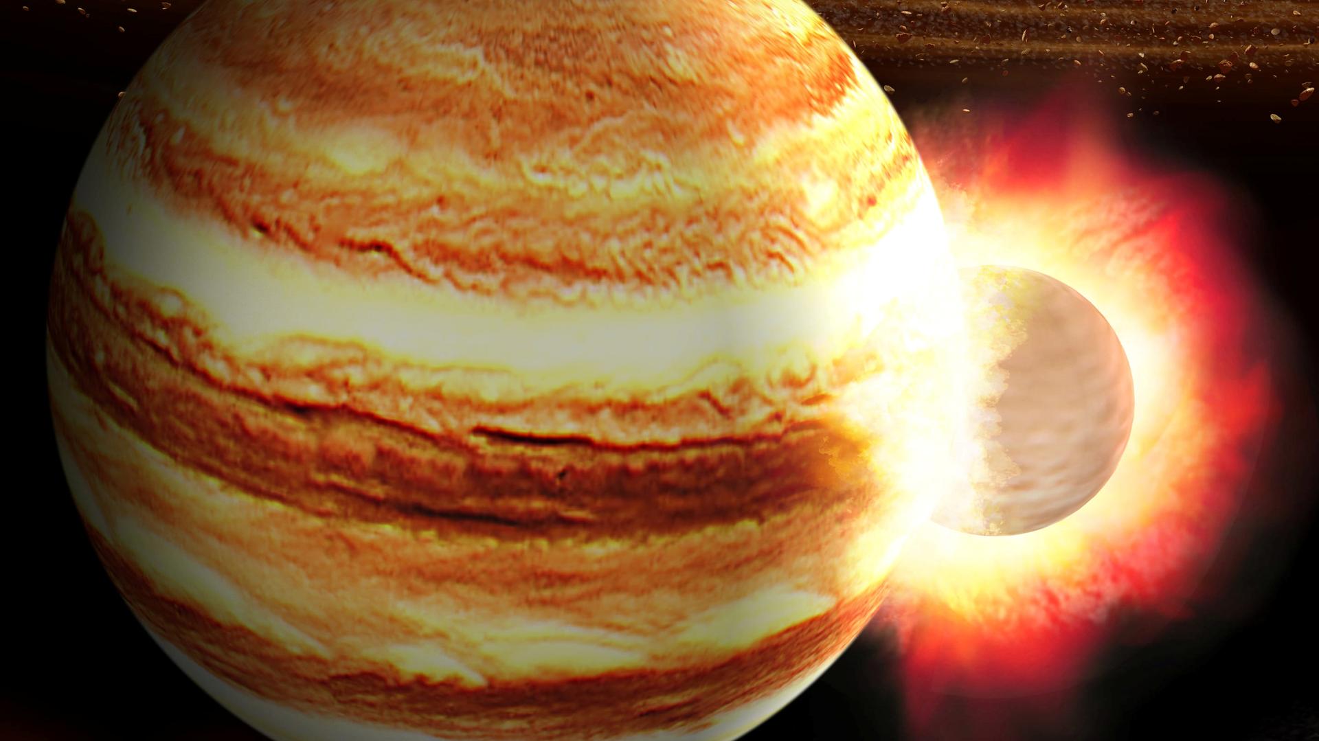 An illustration of a protoplanet crashing into Jupiter