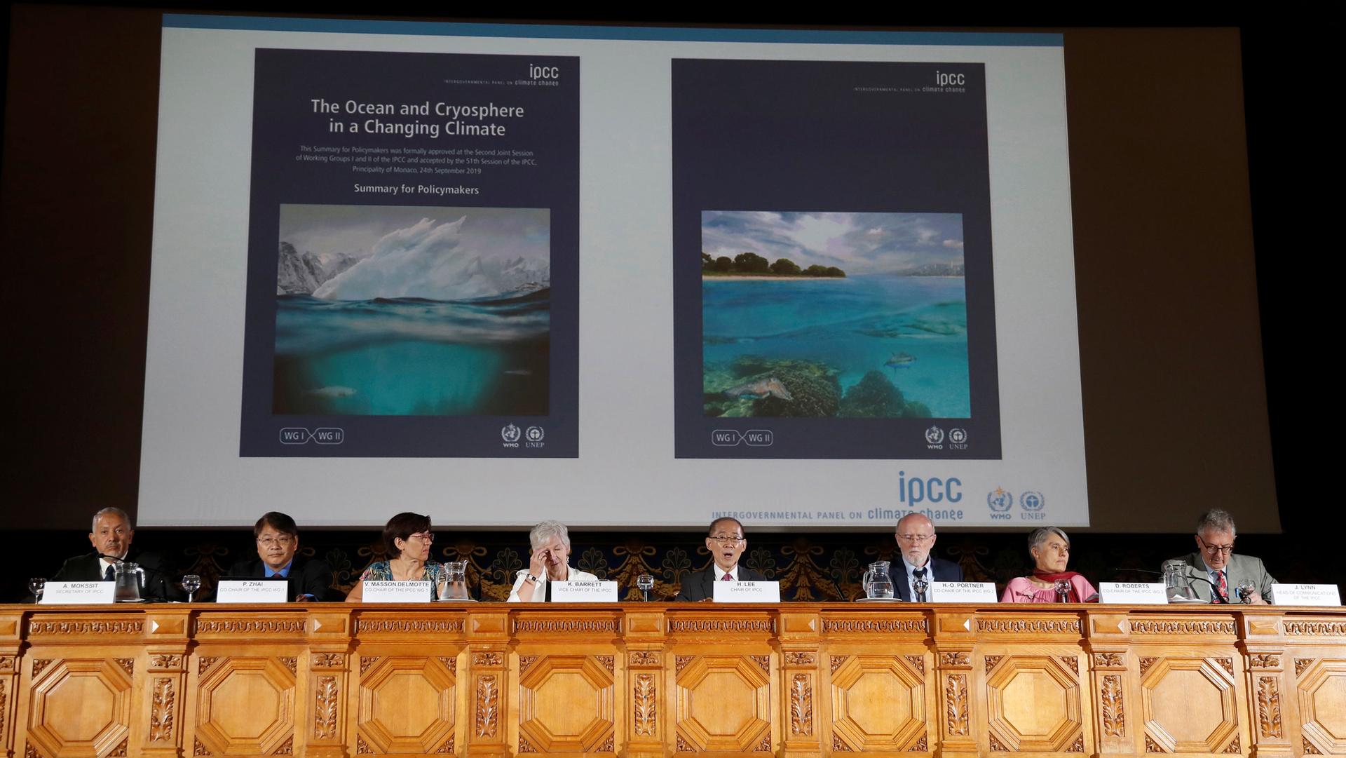 Chair of IPCC Hoesung Lee presents Monaco's Prince Albert II with the special report on the Ocean and Cryosphere in a Changing Climate Context at UN in New York.