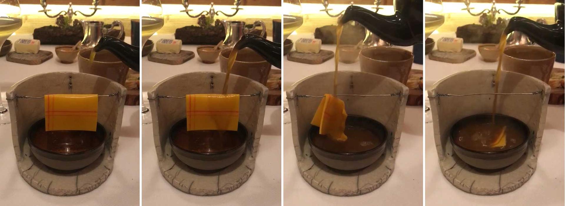 A piece of cheese is pictured in a series of four images as it is melted into a hot broth