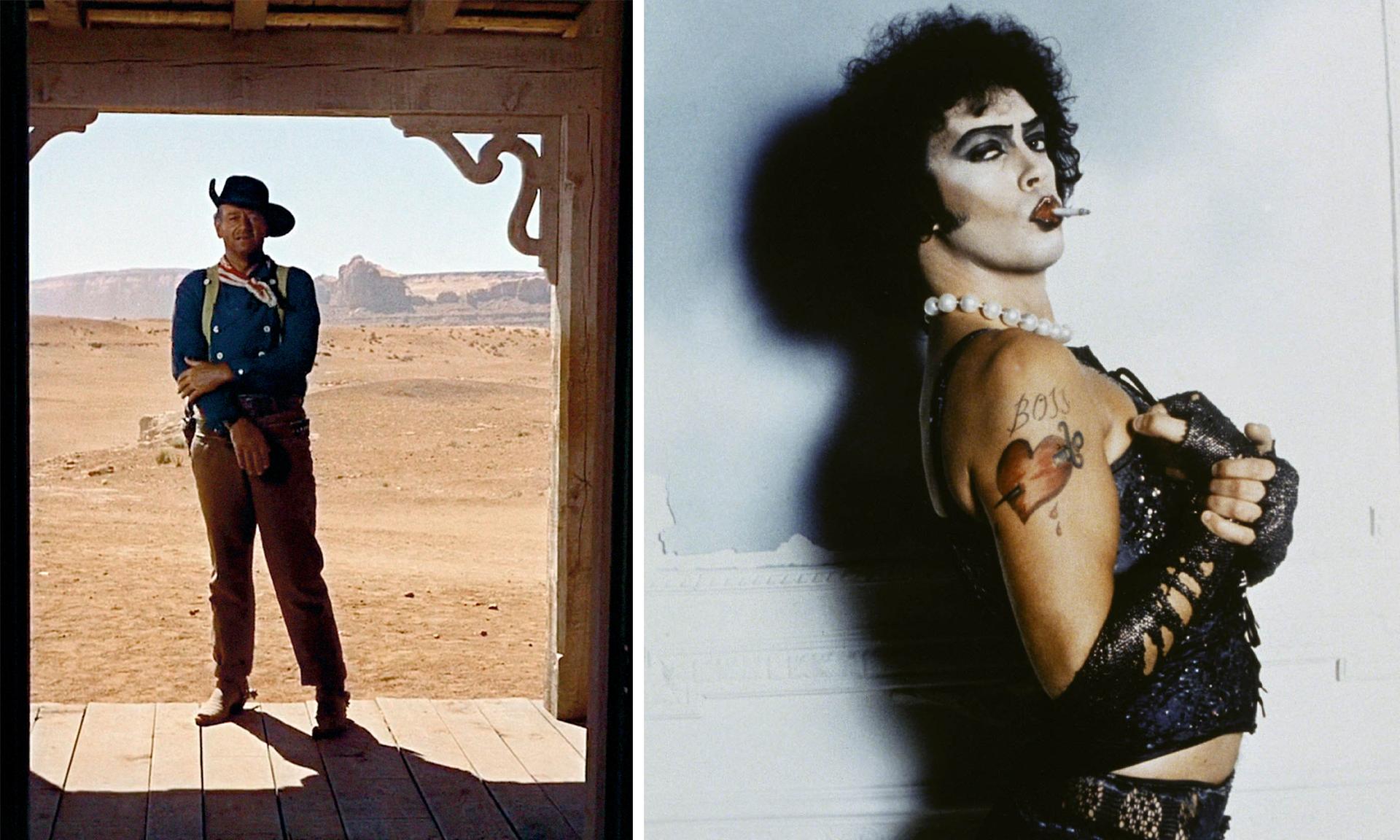 John Wayne as Ethan Edwards in “The Searchers” and Tim Curry as Dr. Frank-N-Furter in “The Rocky Horror Picture Show.”