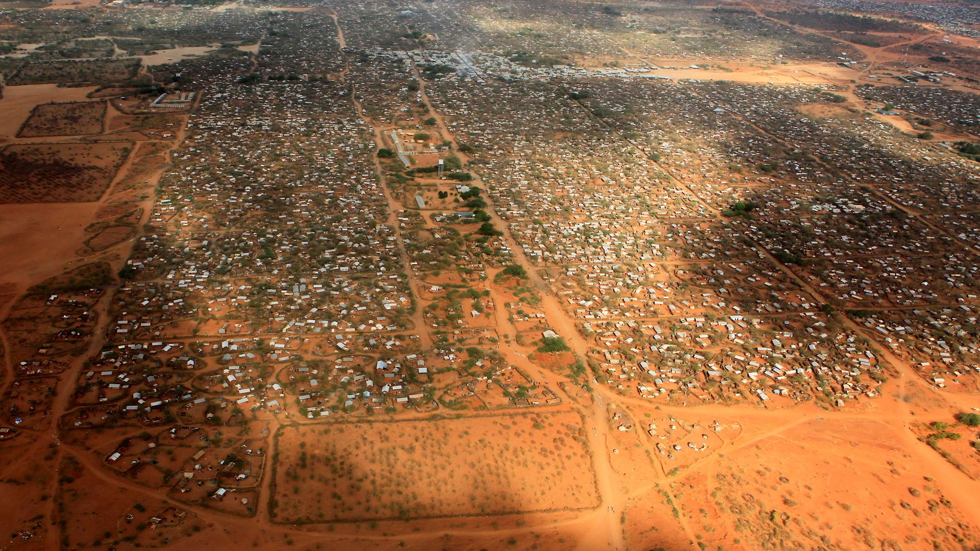 An aerial view shows makeshift shelters at the Dagahaley camp in Dadaab, near the Kenya-Somalia border in Garissa County, Kenya, on April 3, 2011.