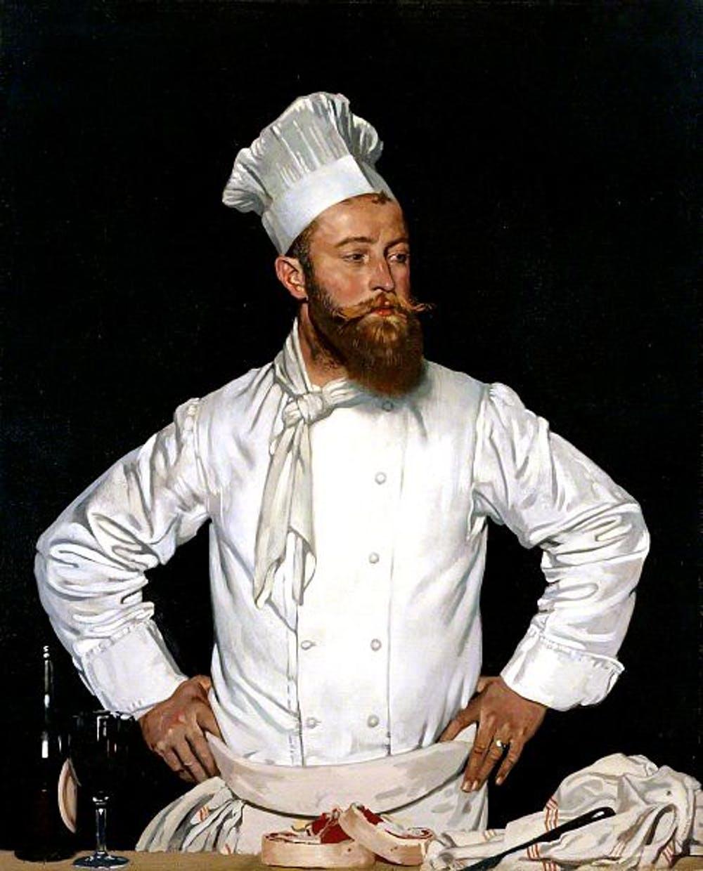 A painting of a chef wearing white chef hat and jacket