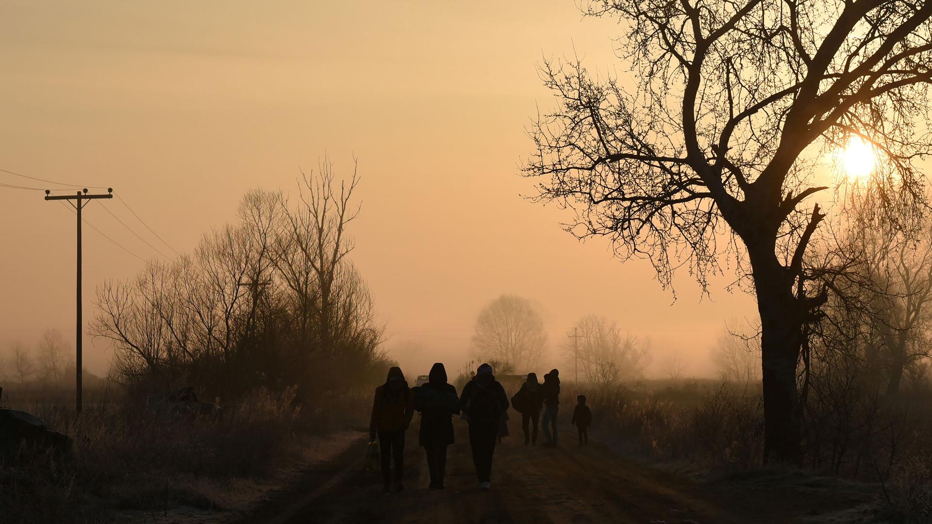 Several people are shown in shadow walking along a road with trees on either side.