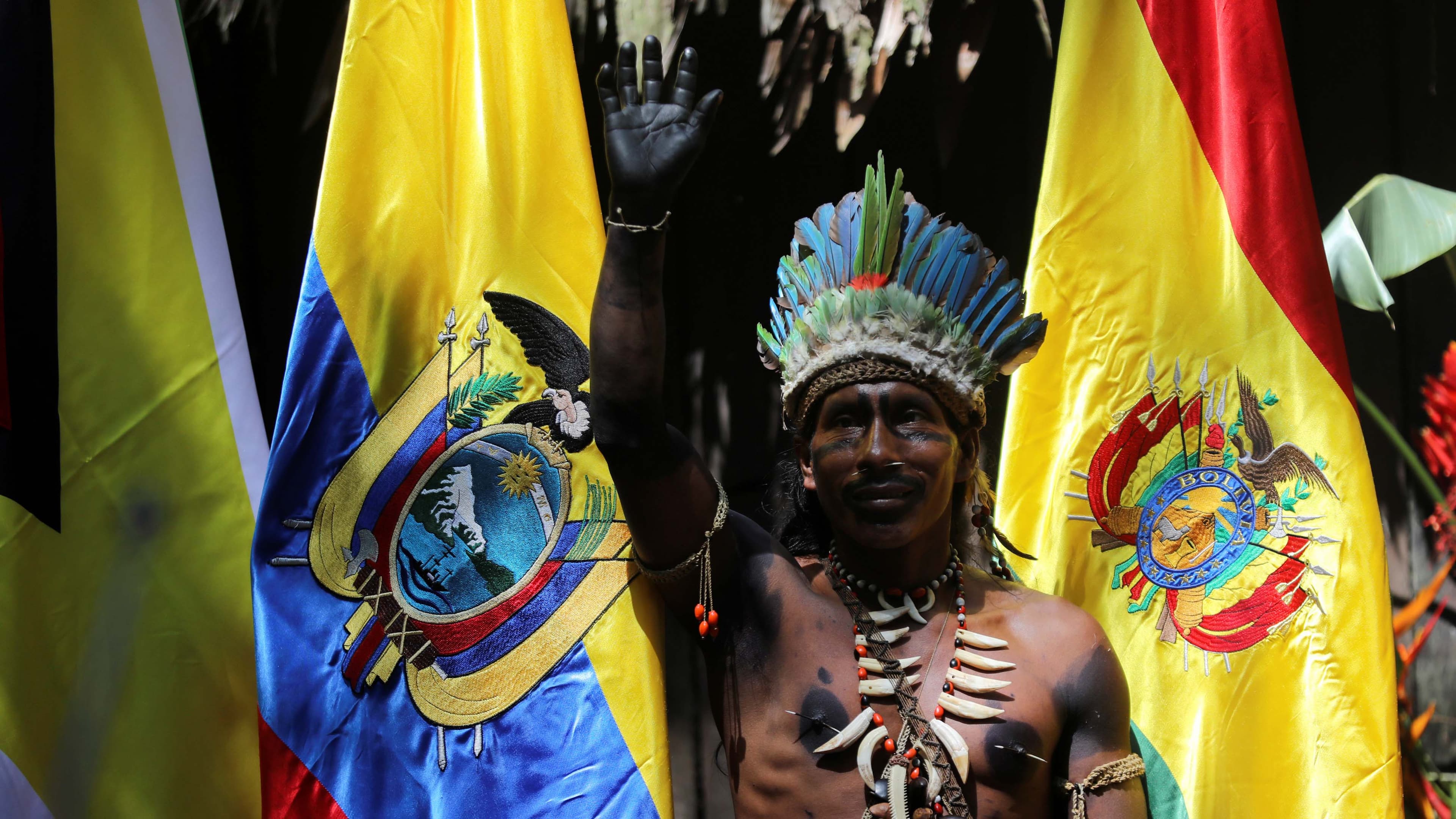 An Indigenous person gestures during the Presidential Summit for the Amazon, in Leticia, Colombia, Sept. 6, 2019.
