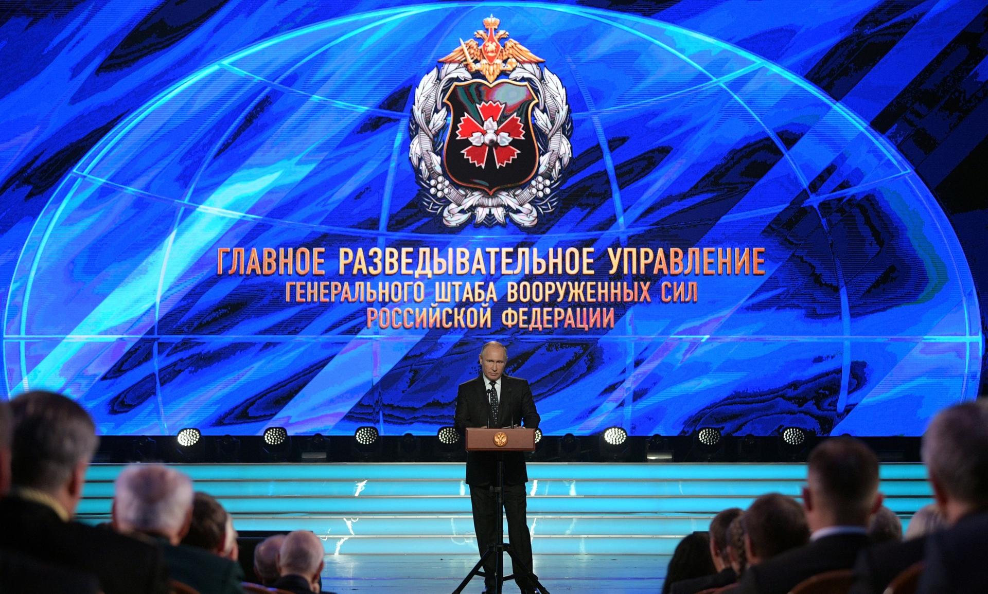 Russian President Vladimir Putin delivers a speech during the event marking the 100th anniversary of the Main Directorate of the General Staff of Russian Armed Forces, formerly known as the Main Intelligence Directorate (GRU), in Mosco