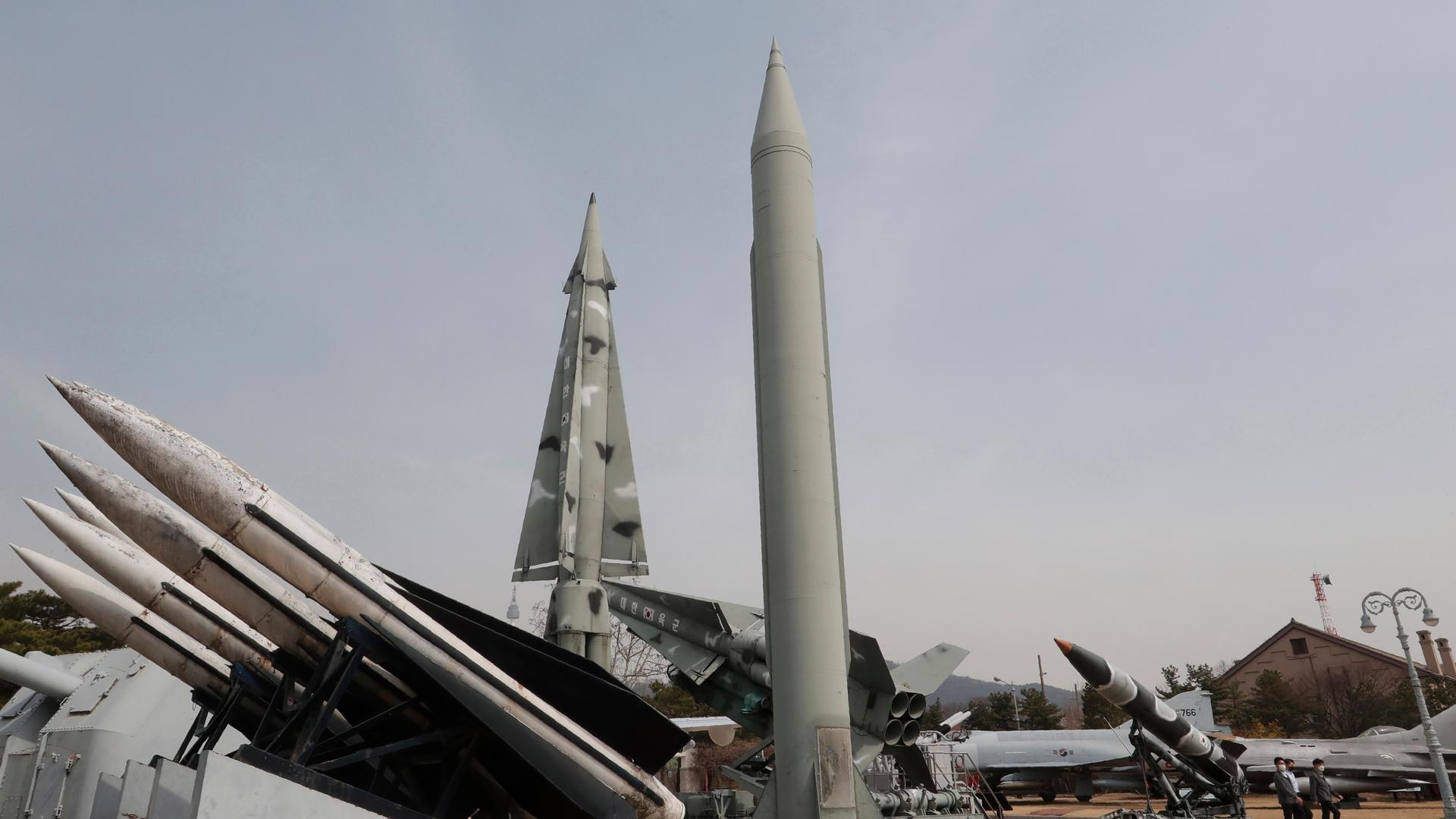 A mock North Korea's Scud-B missile, center right, and South Korean missiles are displayed at Korea War Memorial Museum in Seoul, South Korea, Thursday, March 18, 2021. 