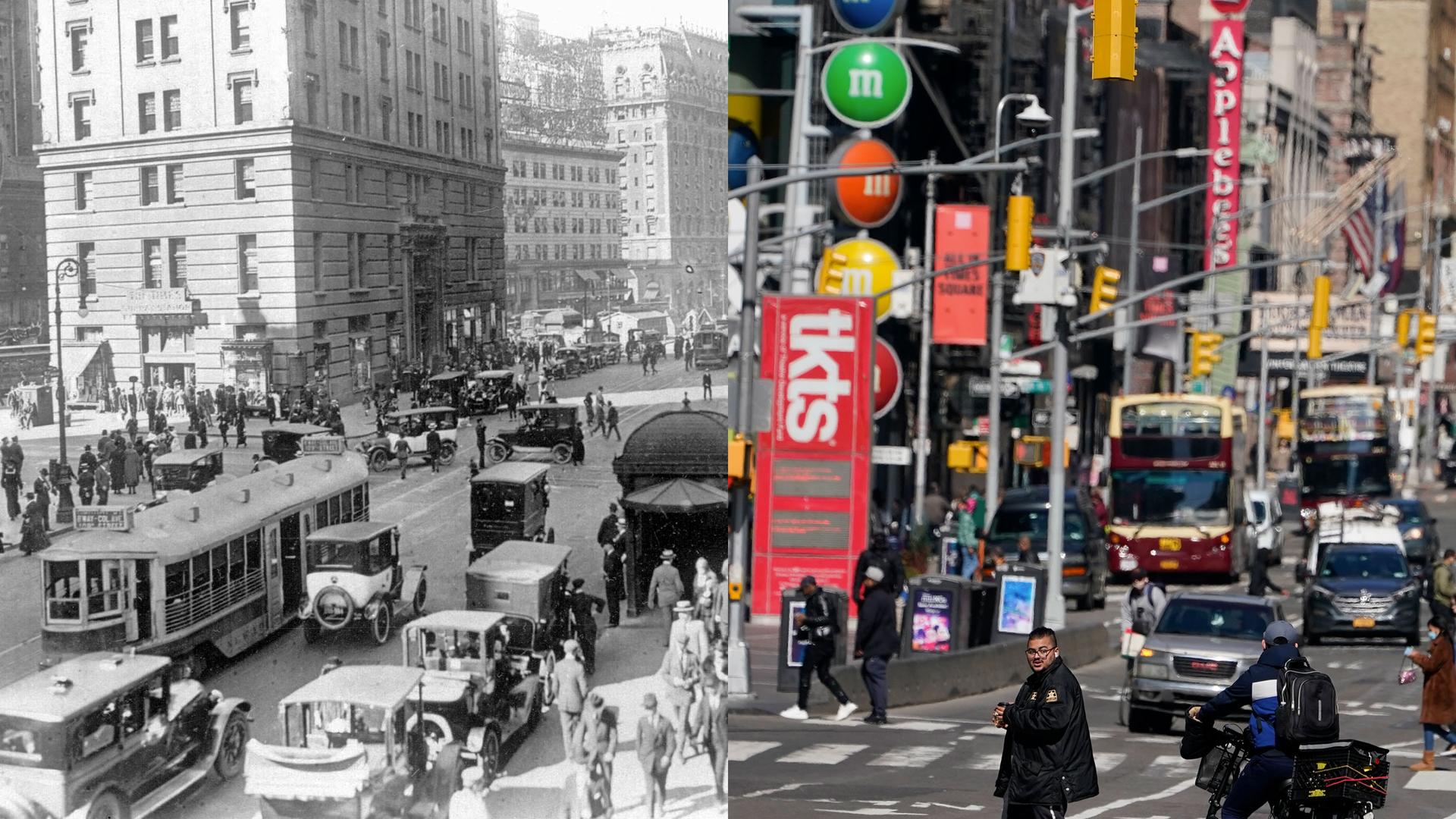 A black and white photo on the left shows street cars and other 1920s era automobiles with a photo on the right showing a modern day traffic scene.