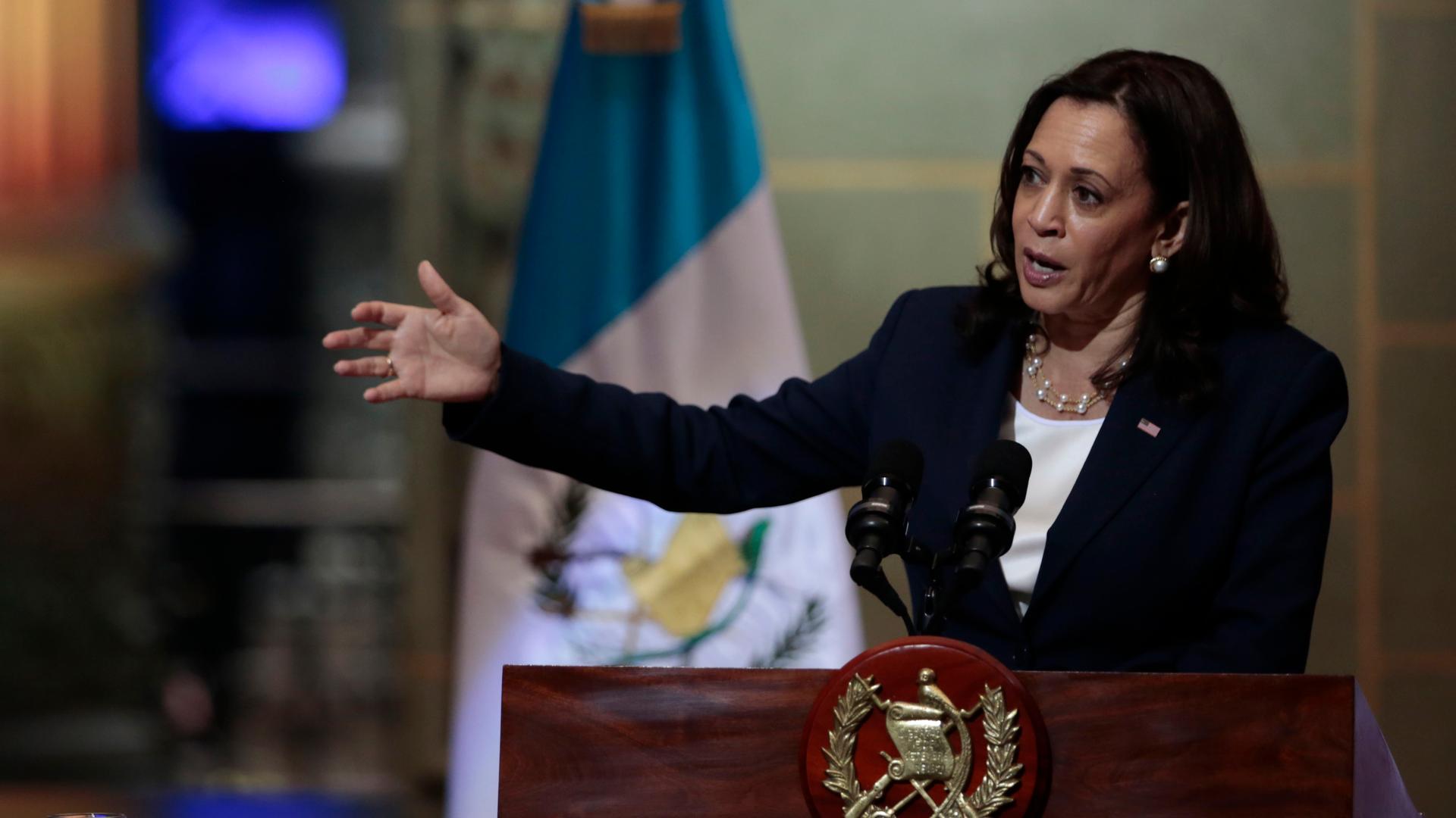 Vice President Kamala Harris speaks during a news conference at the National Palace in Guatemala City, Monday, June 7, 2021.