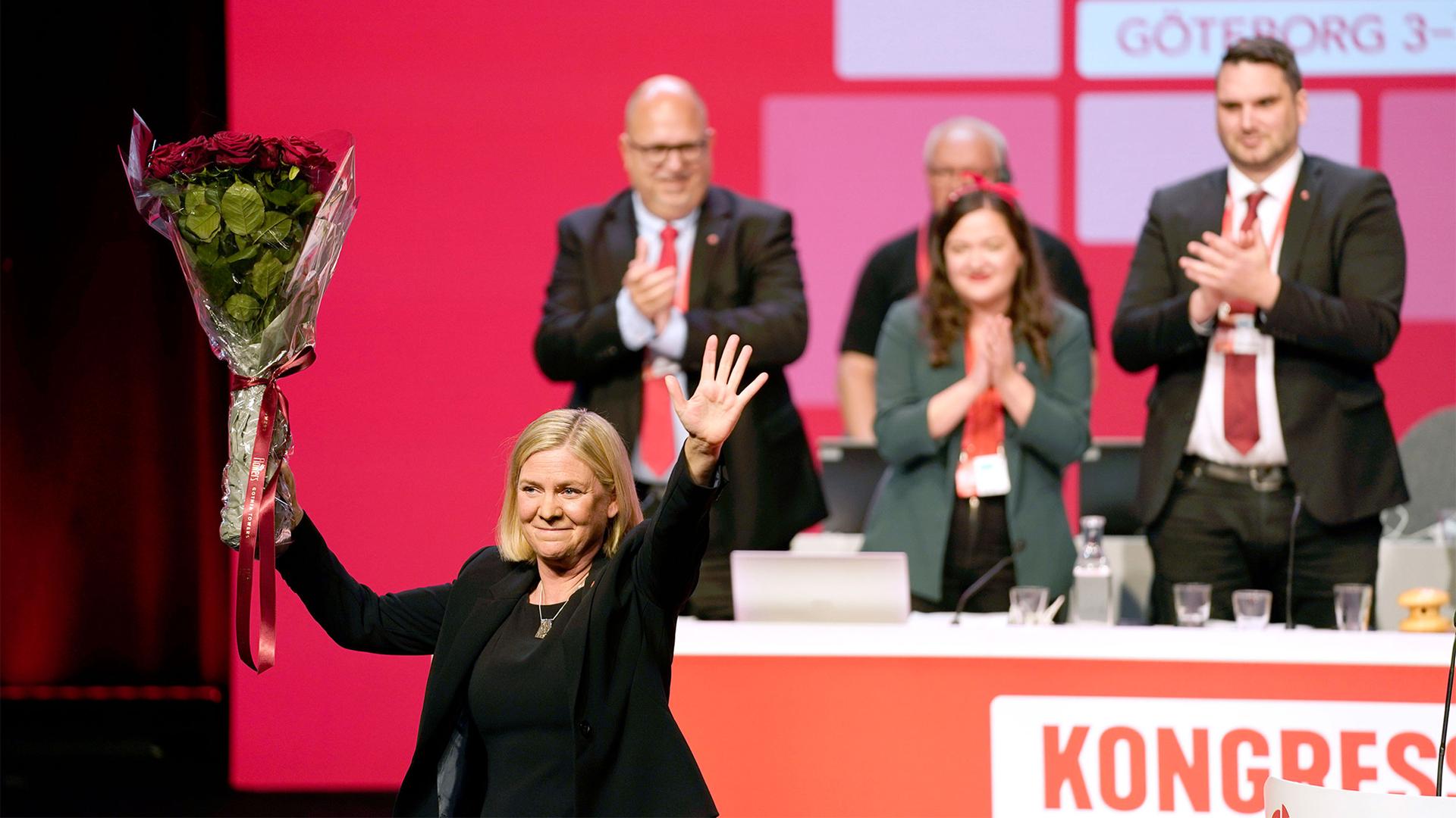 Sweden's Minister of Finance Magdalena Andersson gestures, after being elected to party chairman of the Social Democratic Party at the party’s congress in Gothenburg, Sweden
