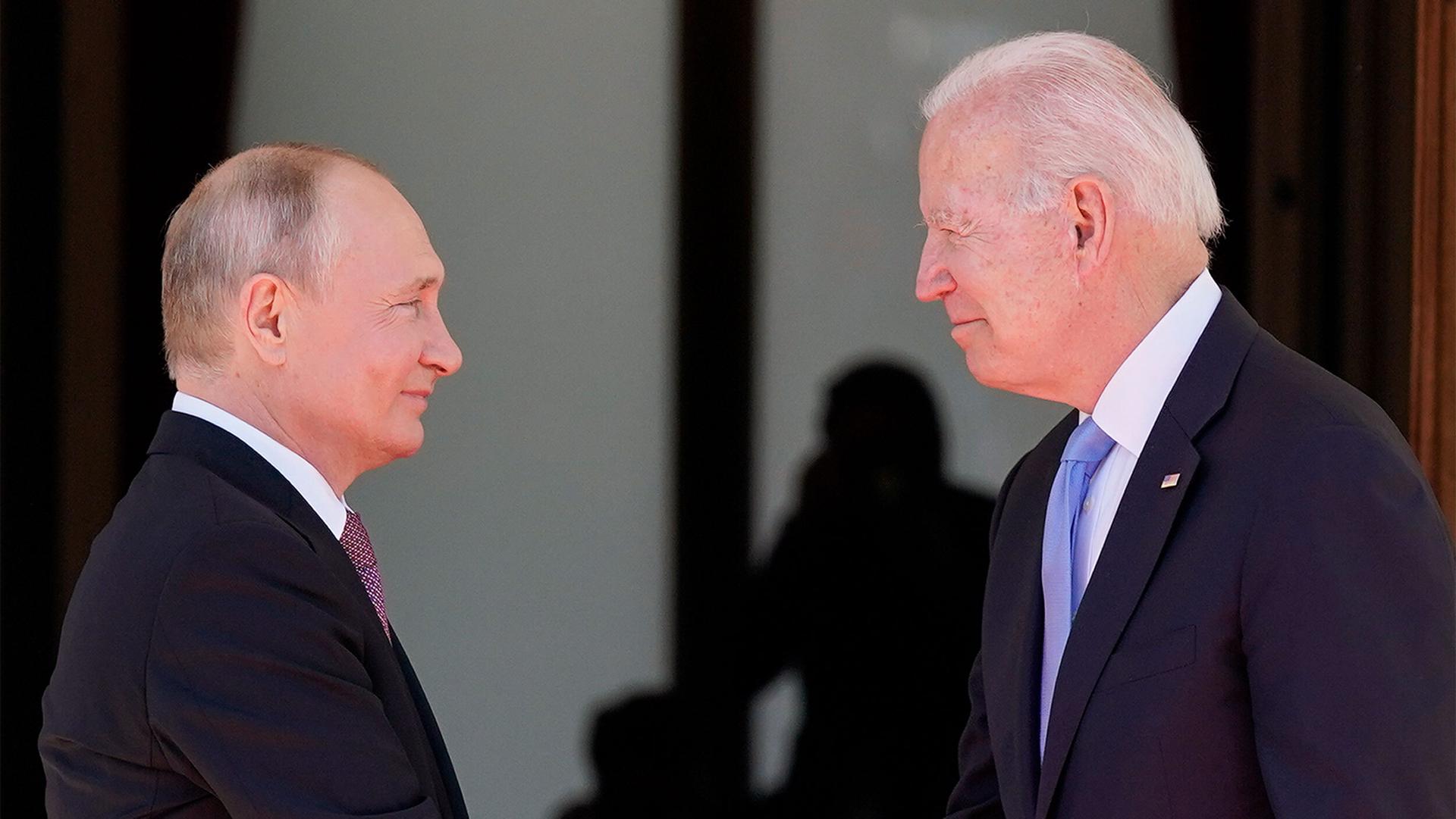 US President Joe Biden and Russian President Vladimir Putin arrive to meet at the 'Villa la Grange' in Geneva, Switzerland, June 16, 2021.